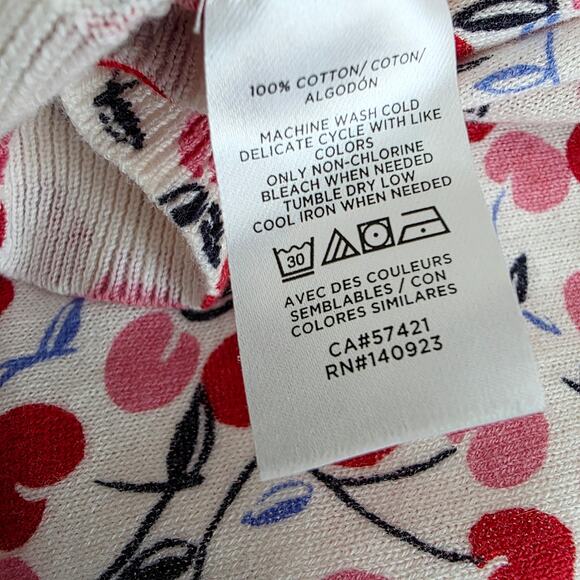 Loft Cherry Print V-Neck Button Down Cardigan Sweater White Red Pink Size Large - Picture 3 of 6
